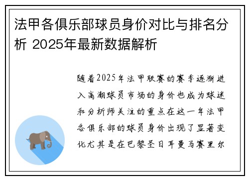 法甲各俱乐部球员身价对比与排名分析 2025年最新数据解析