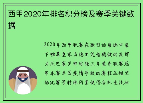 西甲2020年排名积分榜及赛季关键数据