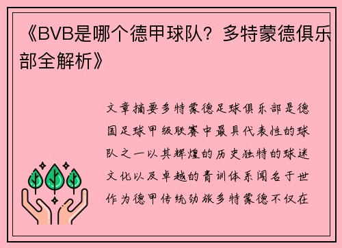 《BVB是哪个德甲球队？多特蒙德俱乐部全解析》