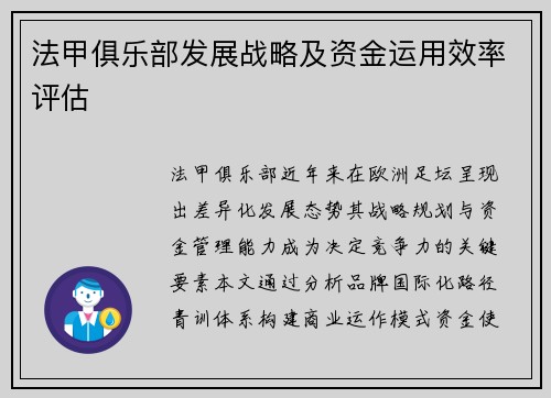 法甲俱乐部发展战略及资金运用效率评估